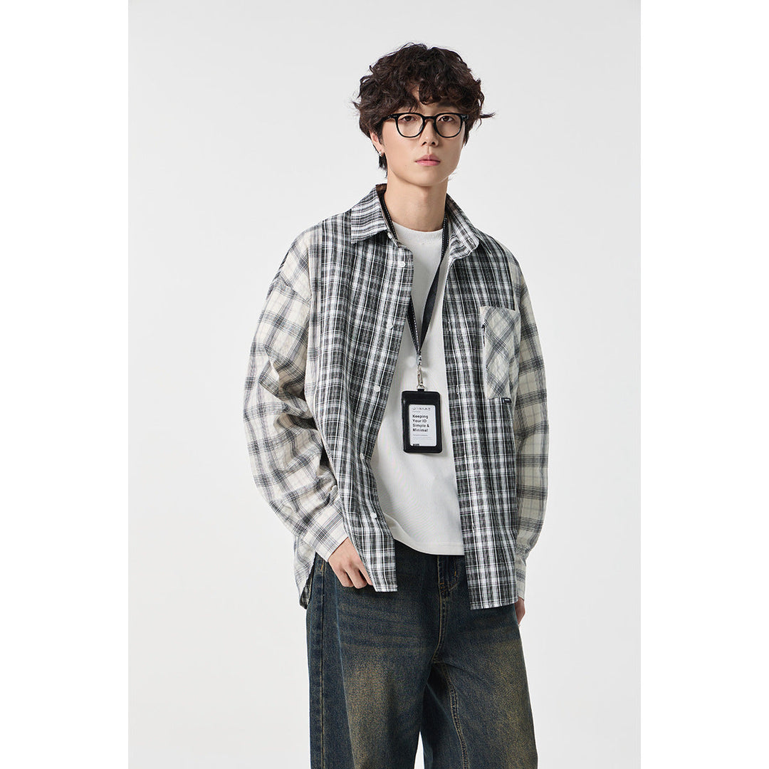 Unisex Rutig Overshirt i Patchwork Look med Bröstficka