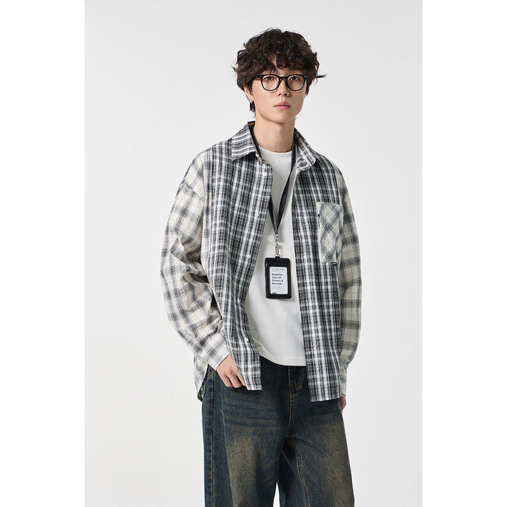 Unisex Rutig Overshirt i Patchwork Look med Bröstficka