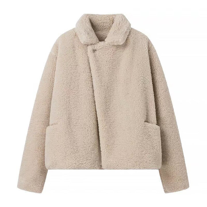 Dam kort kort teddy Boxy jacka med Shawl krage och praktisk Insert fickor