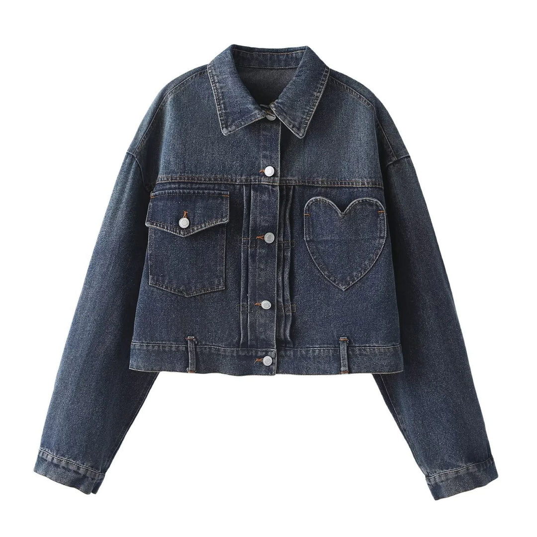 Dam Oversize Cropped jeansjacka med Heart Patch och påsydda fickor