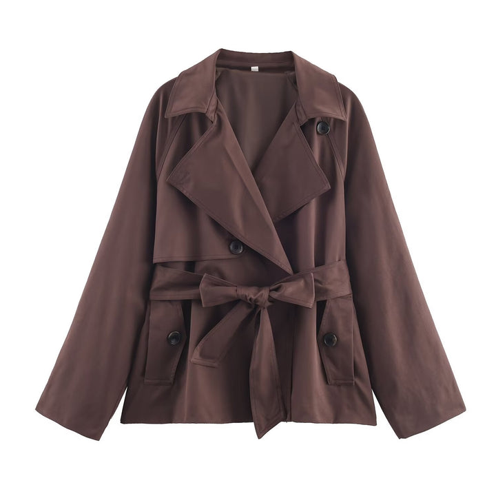 Dam Kort Midjebälte Trenchcoat med Breda Slag och Lockfickor