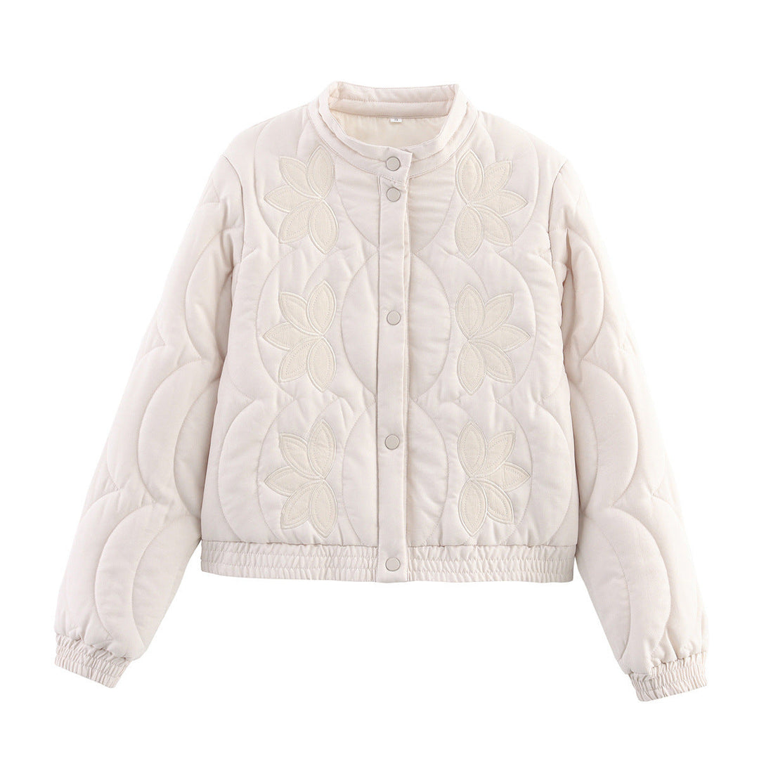 Dam kort kviltad Blouson med blommig kviltad Application, ståkrage och Elastic Waistband
