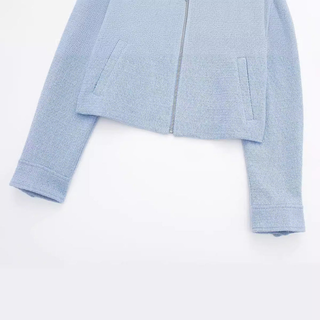 Dam structured kort jacka i bouclé look med dragkedja och skjortkrage