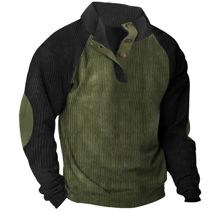Herr Strukturerad Raglan Henley Pullover med Ståkrage, Elbow Lappar &amp; Knapplist