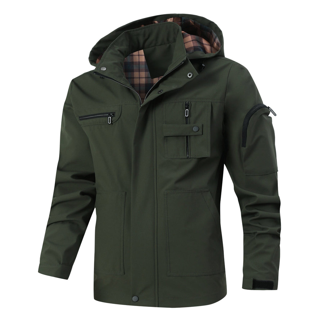 Herr Vindtät Softshell Jacka med Huva, Rutig Innerfoder och Multifunktionell Fickor