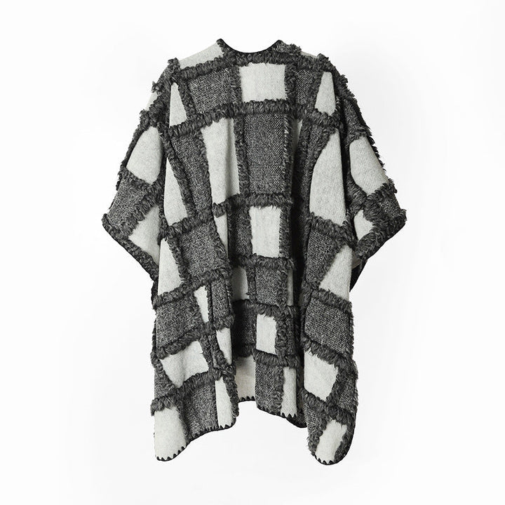 Dam Structured Patchwork capeponcho tillverkad av ullblandning med open drape och kontrasterande edge stitching