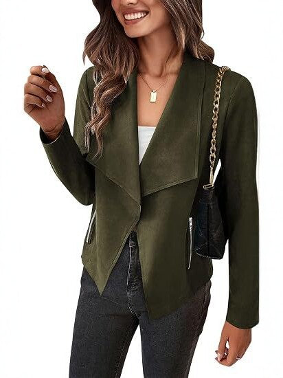 Dam Faux Mocka Waterfall Blazer med Asymmetrical Fåll och Fickor med Dragkedja