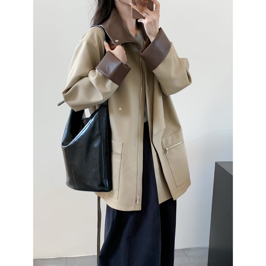 Dam oversize trenchcoat med kontrasterande läder Accents och dragkedja