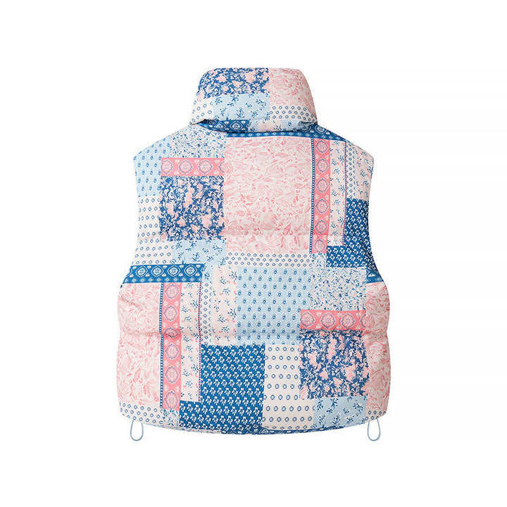 Dam kviltad kort väst med ståkrage, Patchwork Bandana tryck och dragsko