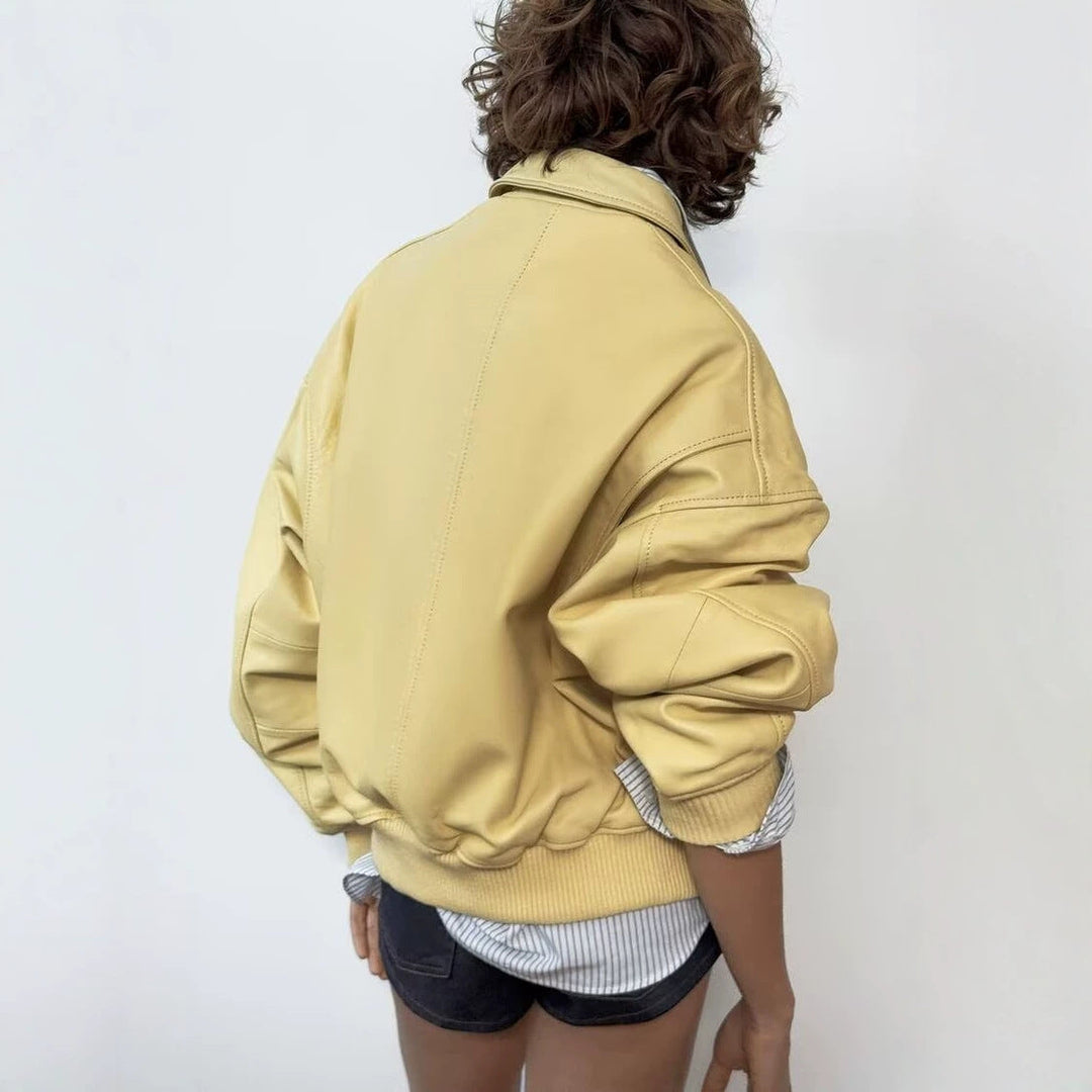 Dam Boxig Blouson Jacka med Dragkedja, Ribbed Muddar och Skjort Krage