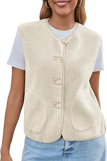 Dam teddy fleece väst med round neck och knapp stängning