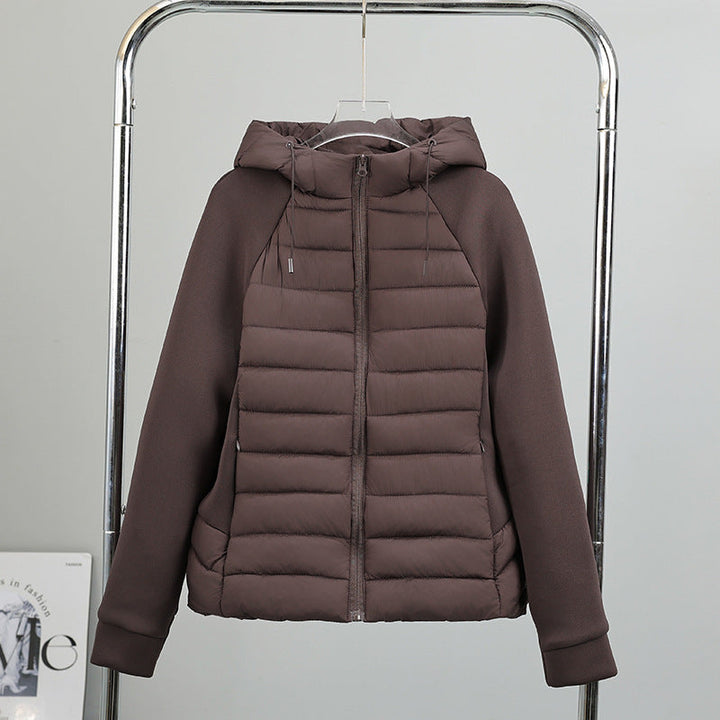 Dam nano kviltad hybrid jacka med huva, softshell ärmar och lätt värmeisolering