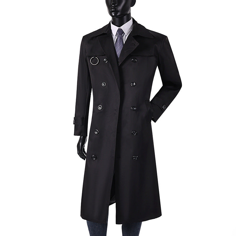 Herr Double-Breasted Trench Kappa med Midja Tailoring, Slagkrage, och Dekorativa Metall Ring