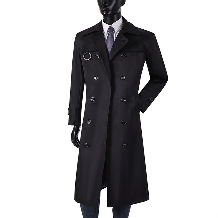 Herr Double-Breasted Trench Kappa med Midja Tailoring, Slagkrage, och Dekorativa Metall Ring