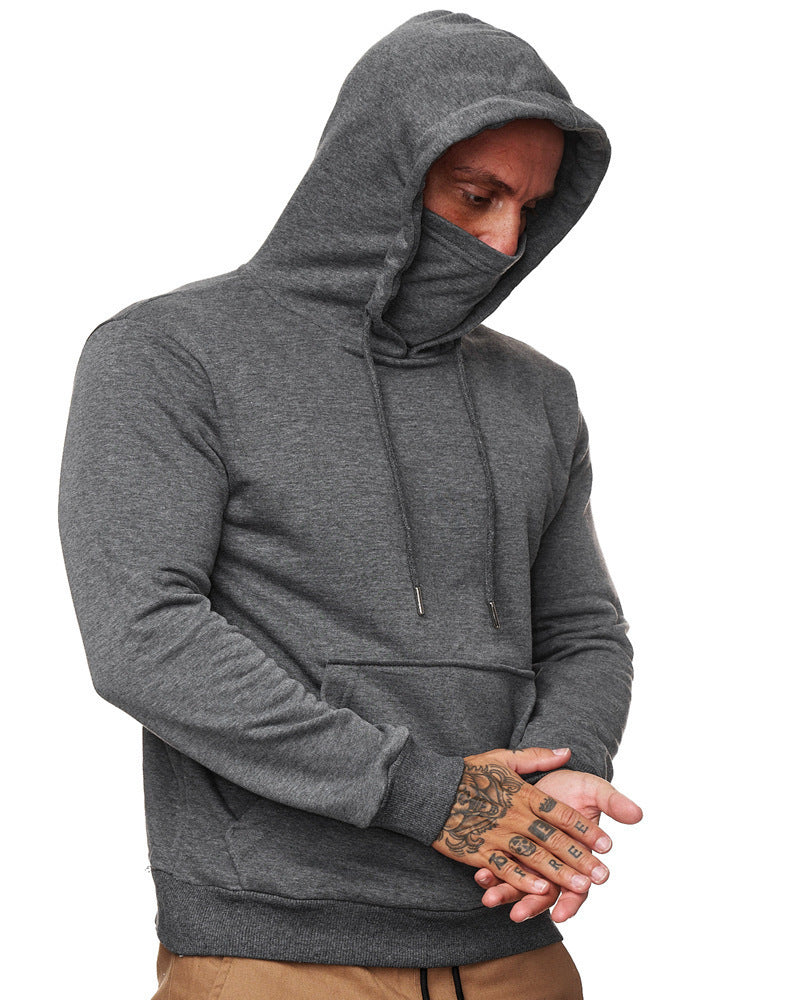 Herr Luvtröja med Integrated Tube Krage Face Mask, Känguruficka och Ribbstickade Muddar