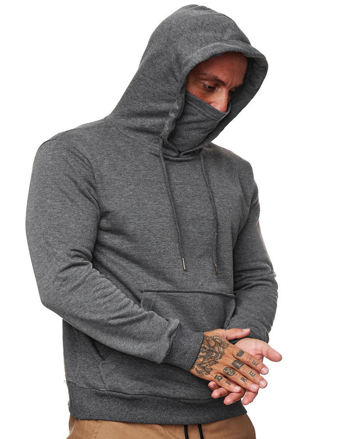 Herr Luvtröja med Integrated Tube Krage Face Mask, Känguruficka och Ribbstickade Muddar