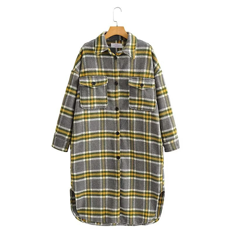 Dam Oversized Check Skjorta Jacka i Lång Modell Skärning med Lapp Bröst Fickor