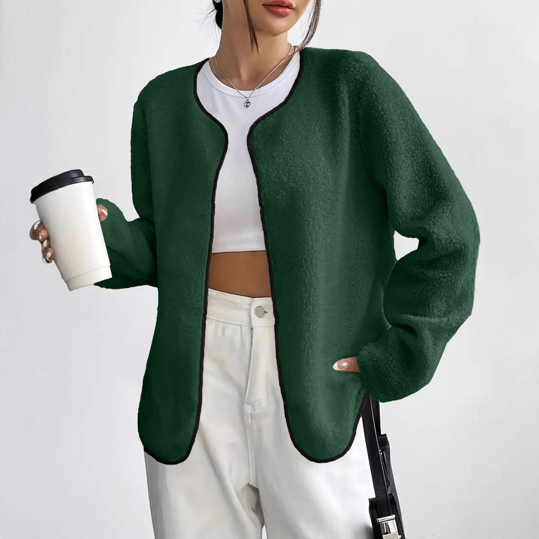 Dam kort jacka Teddy fleece kofta utan Closure med rund hals