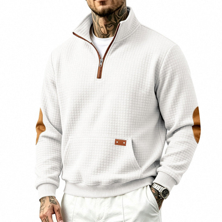 Herr Quiltad Structure Pullover med Halv Dragkedja, Elbow Lappar, och Känguruficka