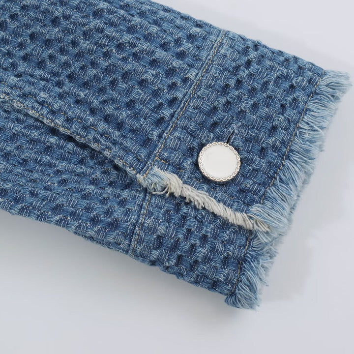 Dam Structured kort jacka gjord Boucle denim med Fringe fåll