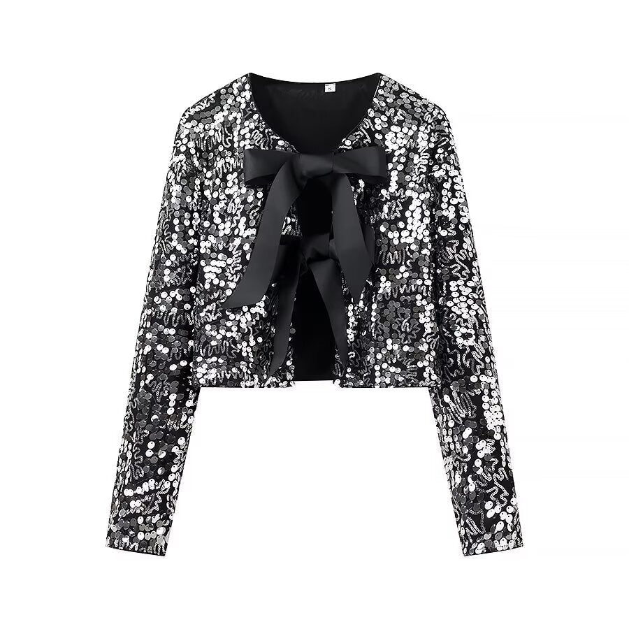 Dam sparkling cropped bolero jacka med sequin kant och decorative satin bows
