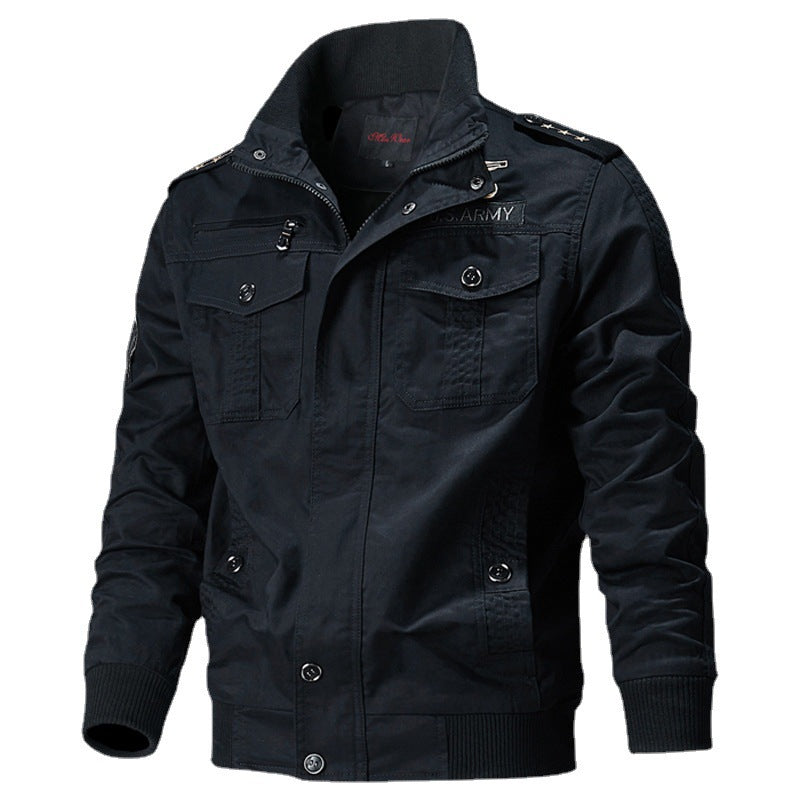 Herr Canvas Pilot Jacka med Axel Piping, Dragkedja Knapplist och Utility Lock Fickor