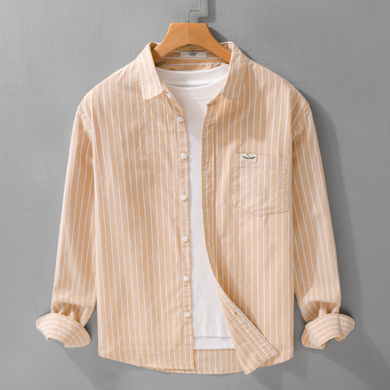 Herr Randig Layering Overshirt Tillverkad av Mjuk Bomullsblandning med A Kent Krage och Utanpå Bröstficka