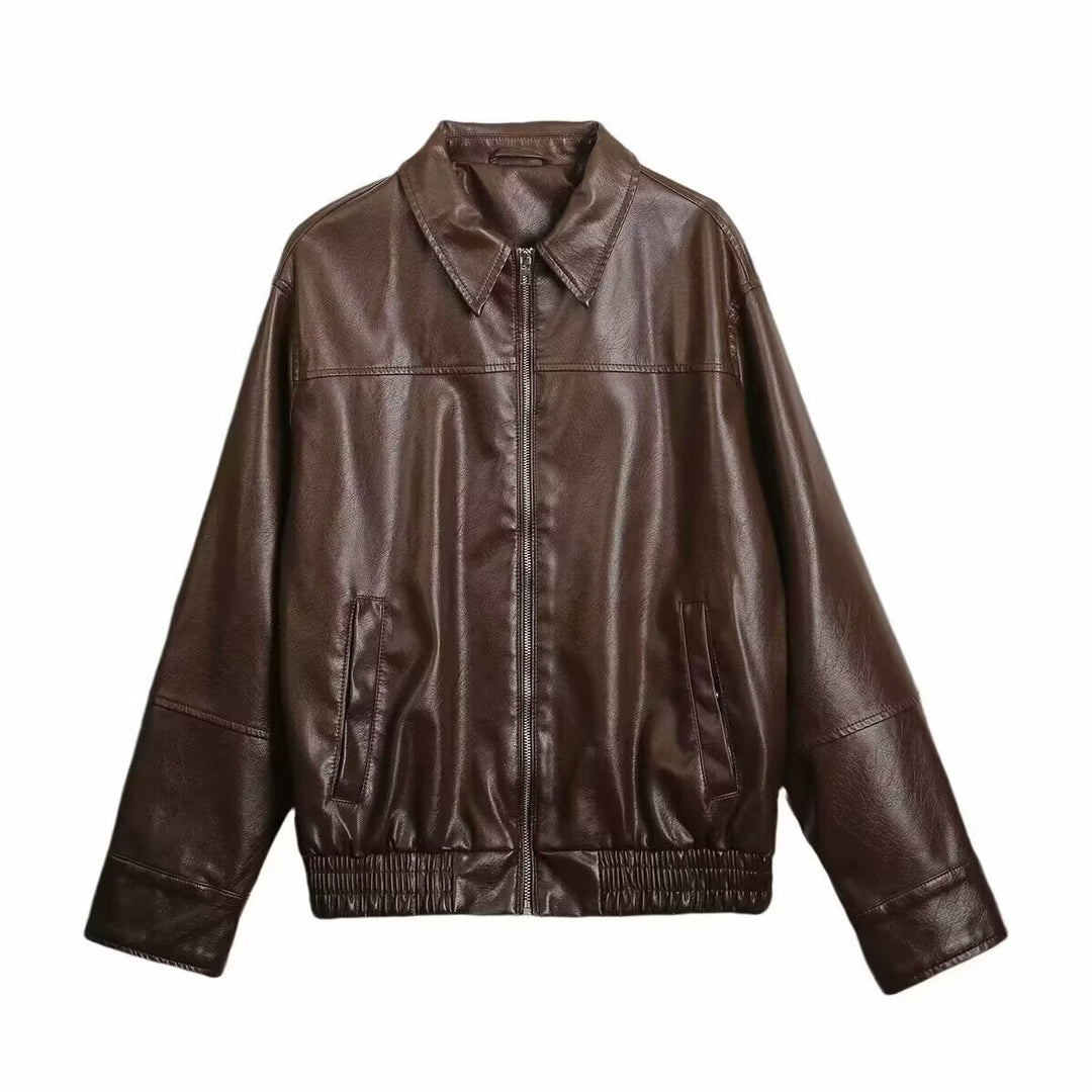 Dam Boxig Konstläder Blouson Jacka med Skjortkrage, Dragkedja och Elastic Fåll