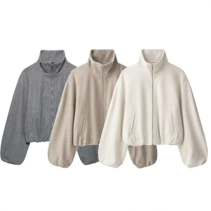 Dam Kort Skärning Bouclé Blouson Jacka med Stå Krage, Elastic Nederkant och Balloon Ärmar