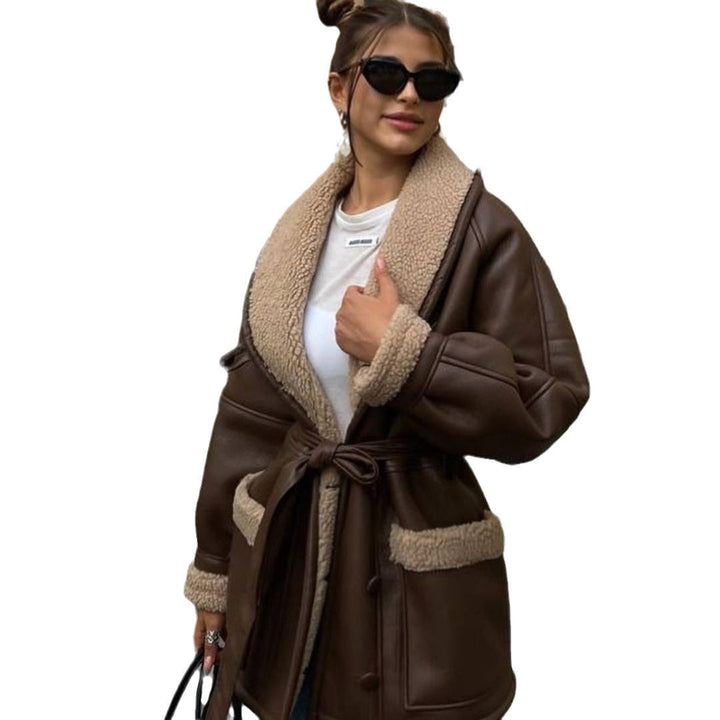 Dam kort teddy kappa med knytband och Shawl krage