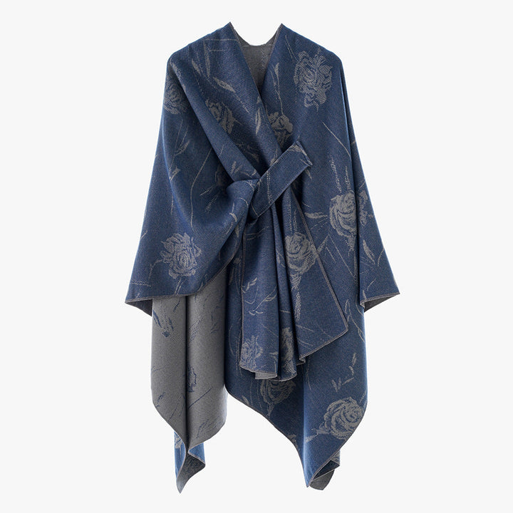 Dam Reversible capeponcho med Rose Jacquard och Tie bälte