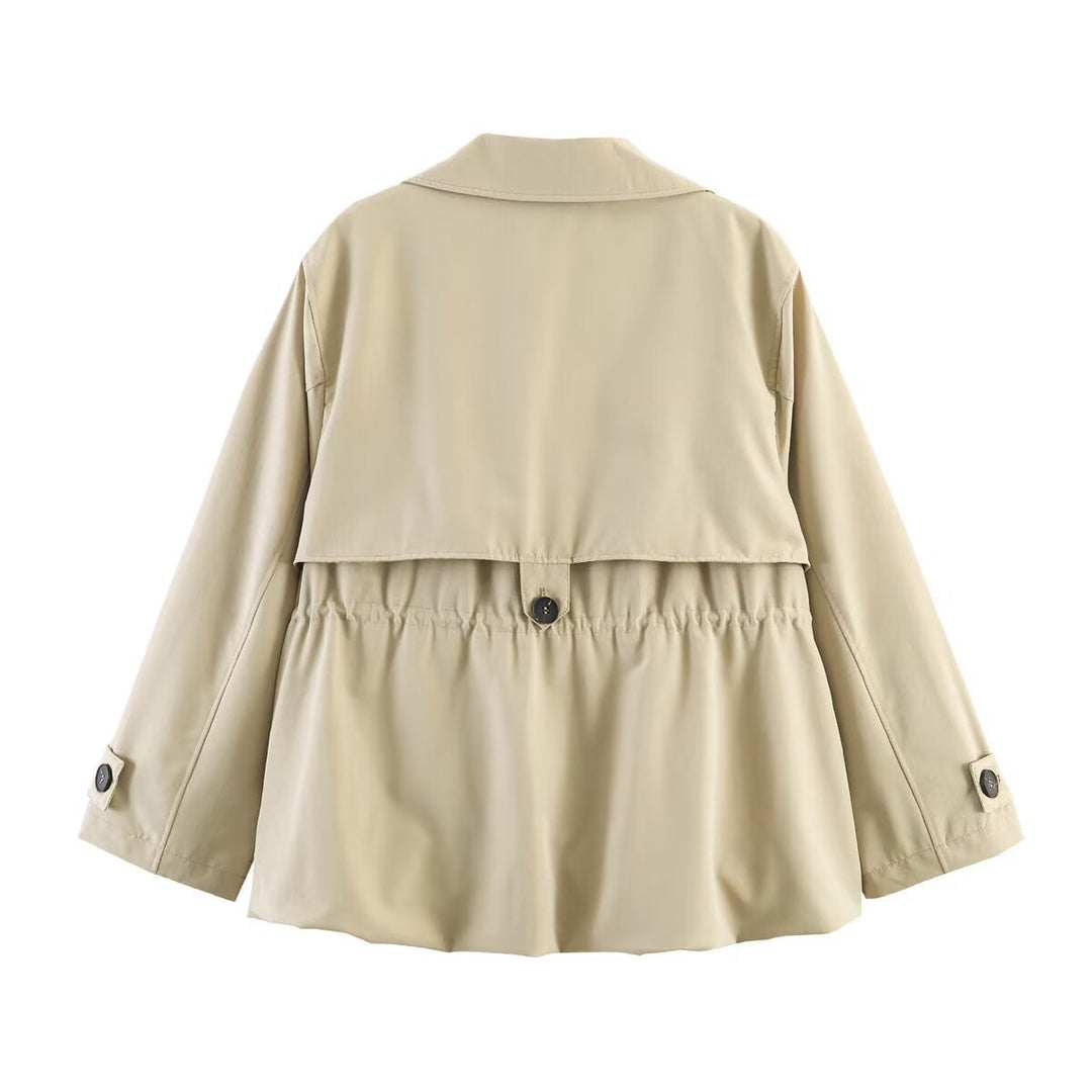 Dam Kort Trench-Stil Jacka med Midja med Dragsko och Check Foder