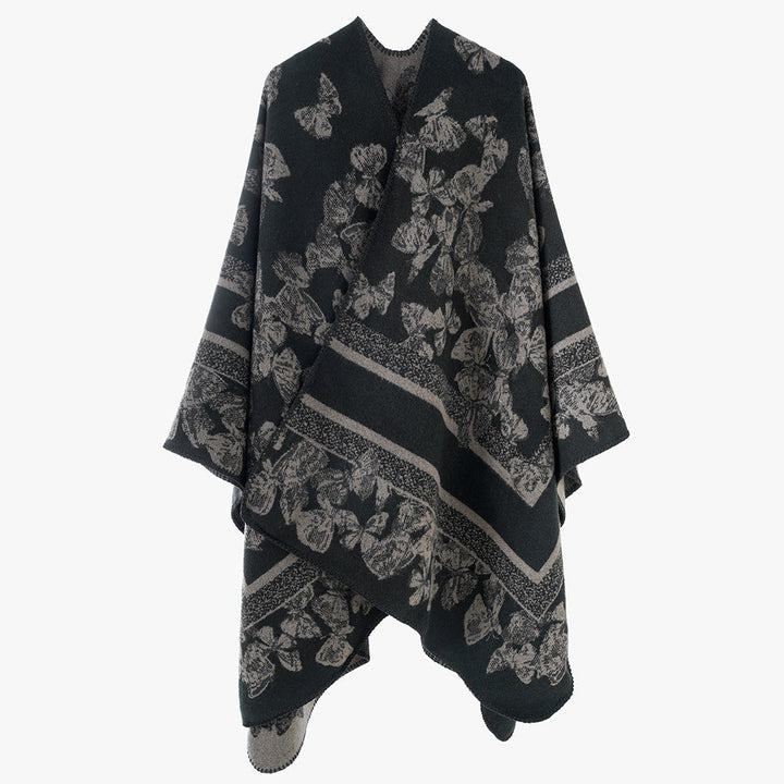 Dam Jacquard capeponcho med Butterfly mönster och ullblandning look