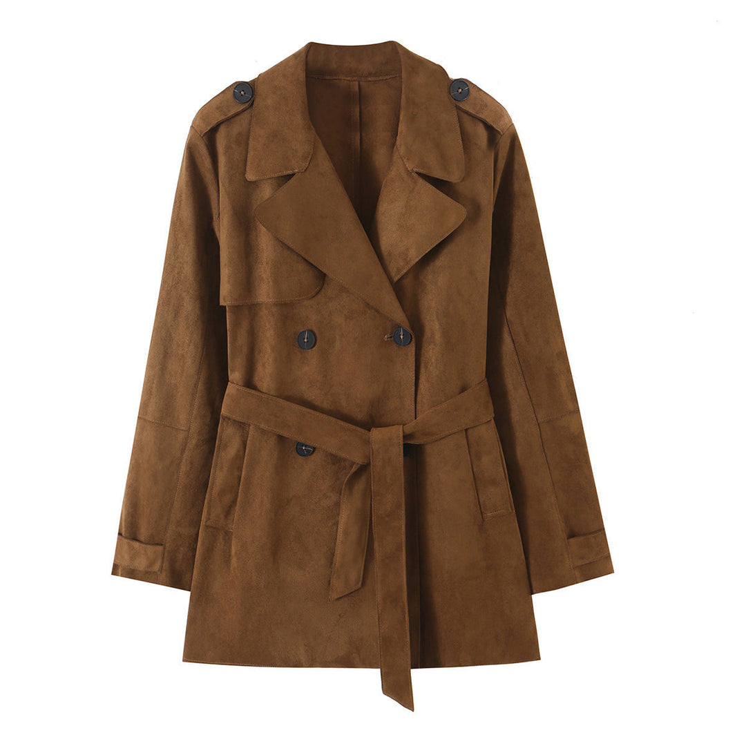 Dam Kort Trenchcoat Tillverkad av Syntetisk Suede med A Waist Belt och Double-Knapp Knäppning