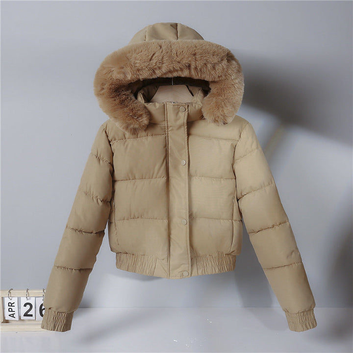 Dam nan kort skärning thermal kviltad jacka med removable faux fur huva och ribbed muddar