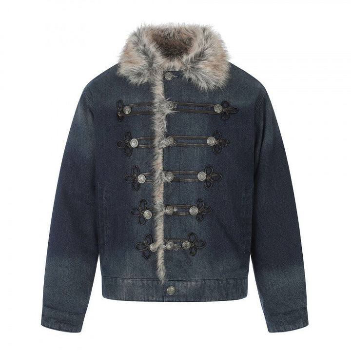 Herr denimjacka i military-inspired ornament stil med fusk päls trim