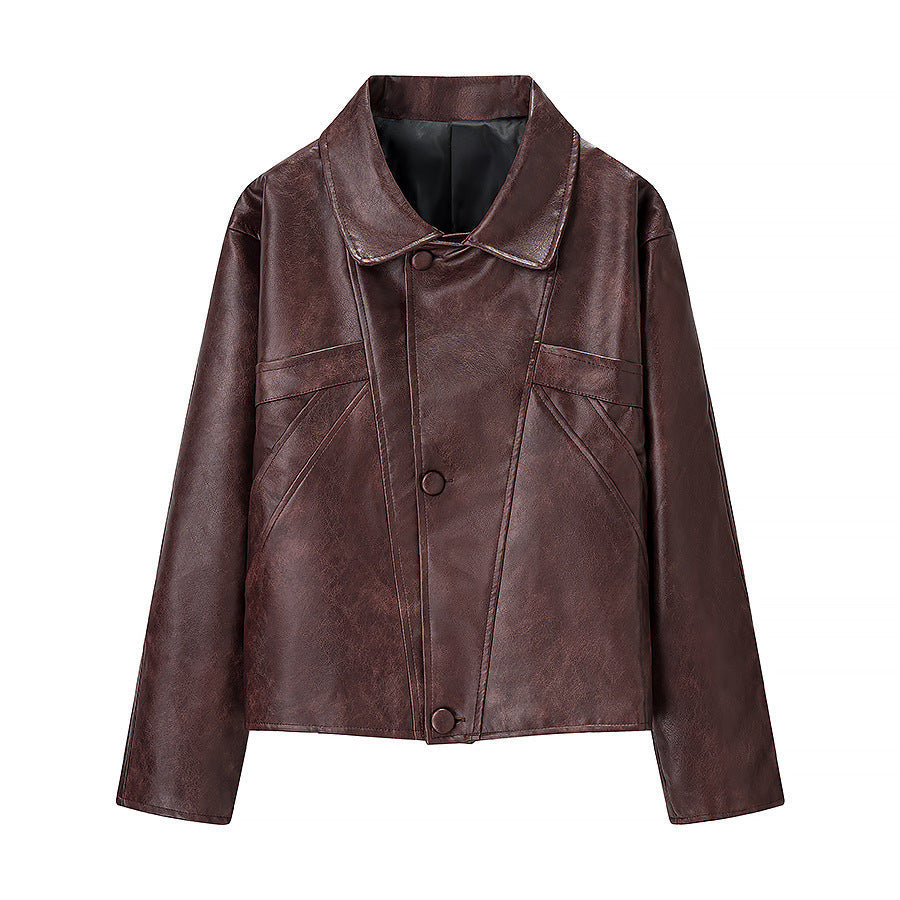 Dam kort skärning oversize läder jacka med rund krage och Flap fickor