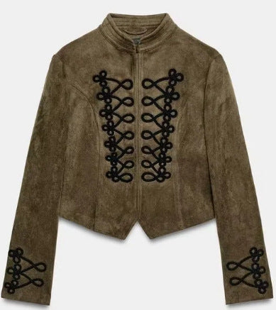 Dam Tailored Kort Suede Jacka i Military Look med Mandarin Krage och Dekorativ Cord Applications