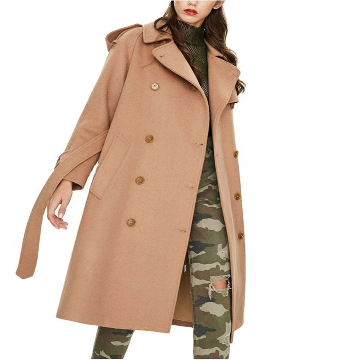 Dam Mid-Length Double-Breasted ullblandning trenchcoat med Epaulettes och bälte