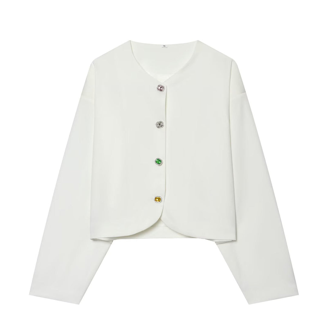 Dam kort Boxy jacka med dekorativ knappar och Round Neckline