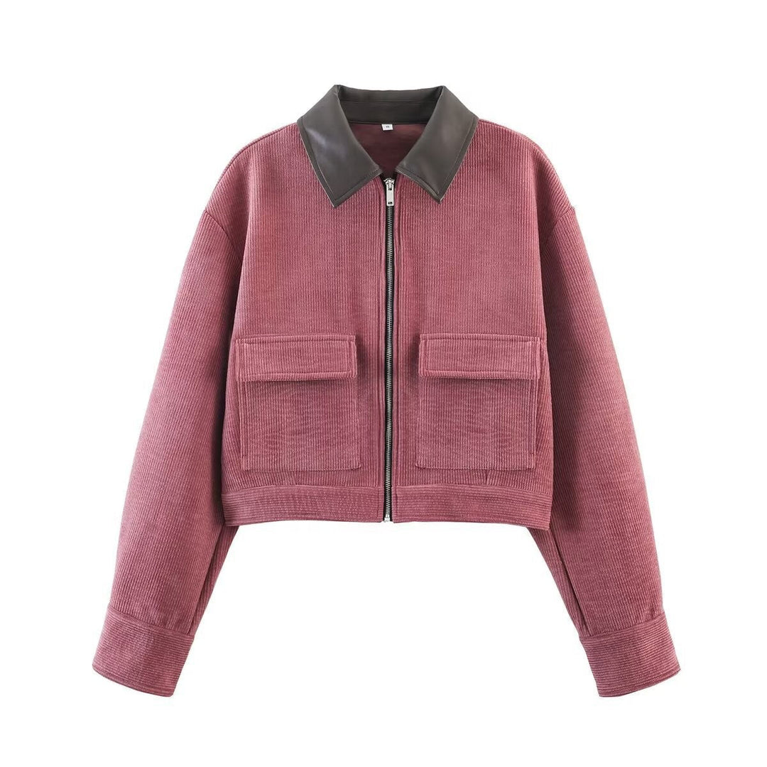 Dam kort Cord jacka in Blouson stil med läder krage och Flap fickor