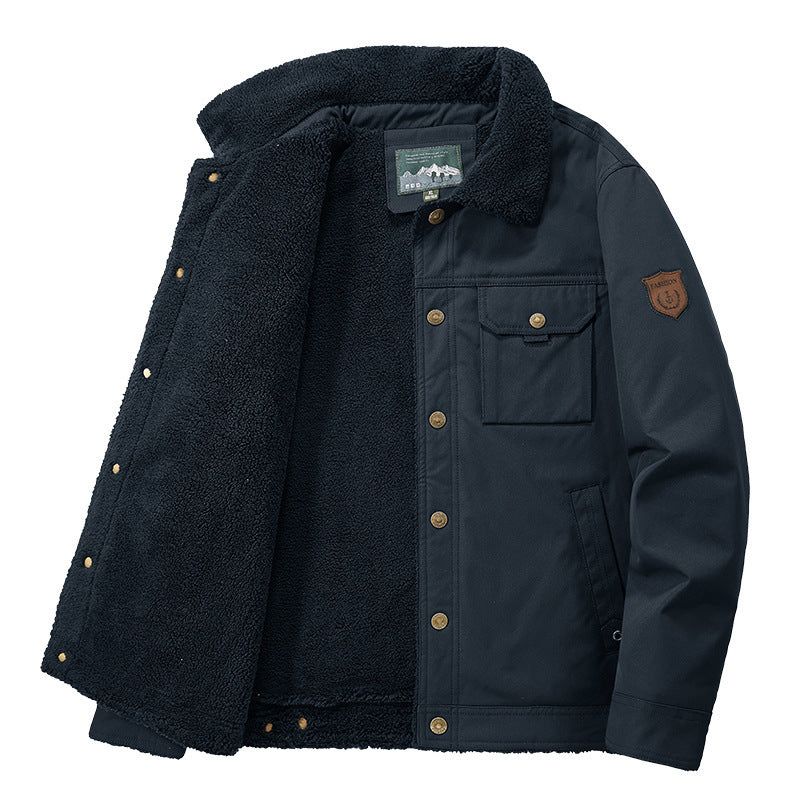 Herr Fodrad Canvas Trucker Jacka med Teddy Fleecefoder och Skjorta Krage
