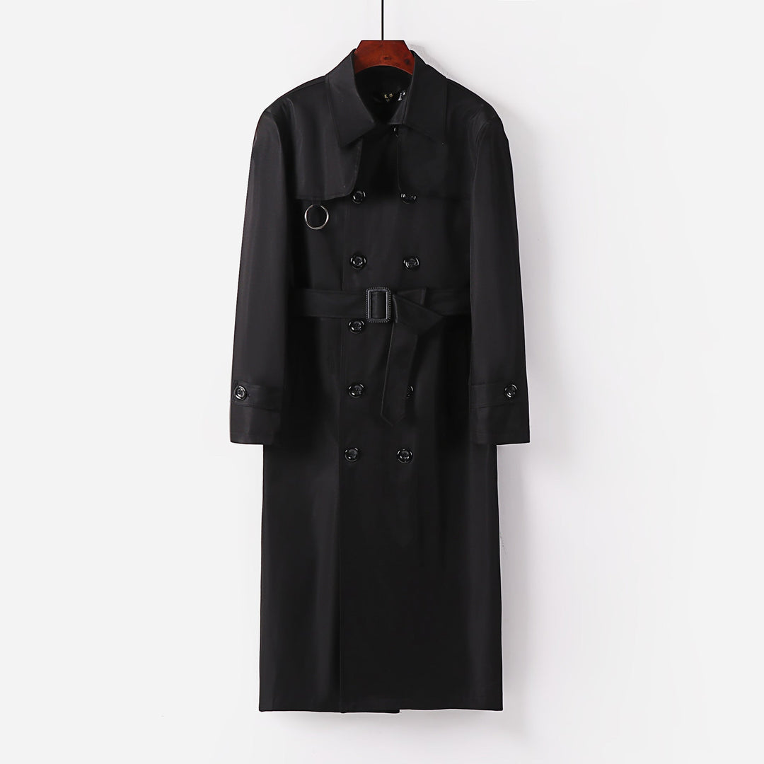 Herr Lång Skärning Double-Breasted Trench Kappa med Midja Bälte och Dekorativa Ring Detail