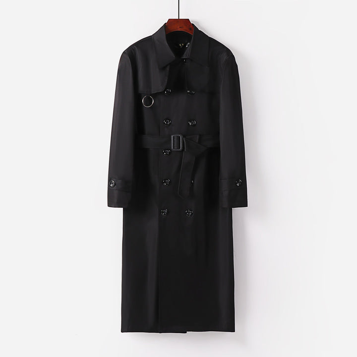 Herr Lång Skärning Double-Breasted Trench Kappa med Midja Bälte och Dekorativa Ring Detail