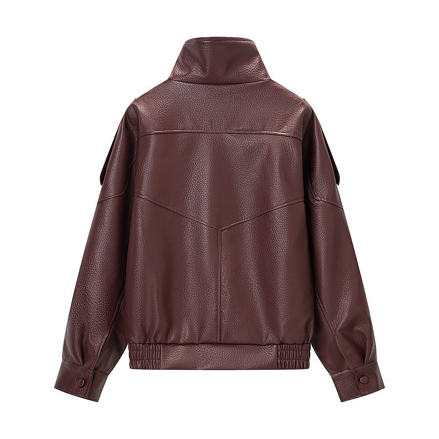 Dam oversize konstläder jacka med hög ståkrage, Asymmetrical knappslå och Elastic fåll