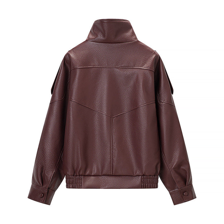 Dam oversize konstläder jacka med hög ståkrage, Asymmetrical knappslå och Elastic fåll