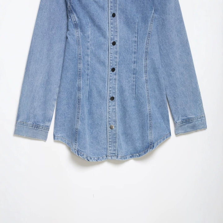 Dam Oversize Denim Skjortjacka med Tailored Darts och Press Studs