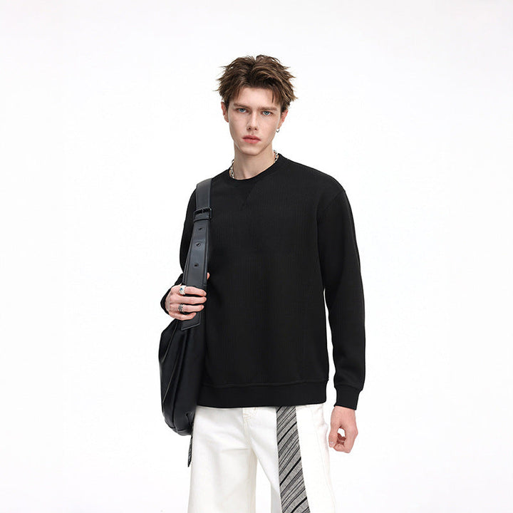 Herr Oversized Waffle Stickad College-Tröja med Round Neck, Extended Back Fåll och Ribbstickade Muddar