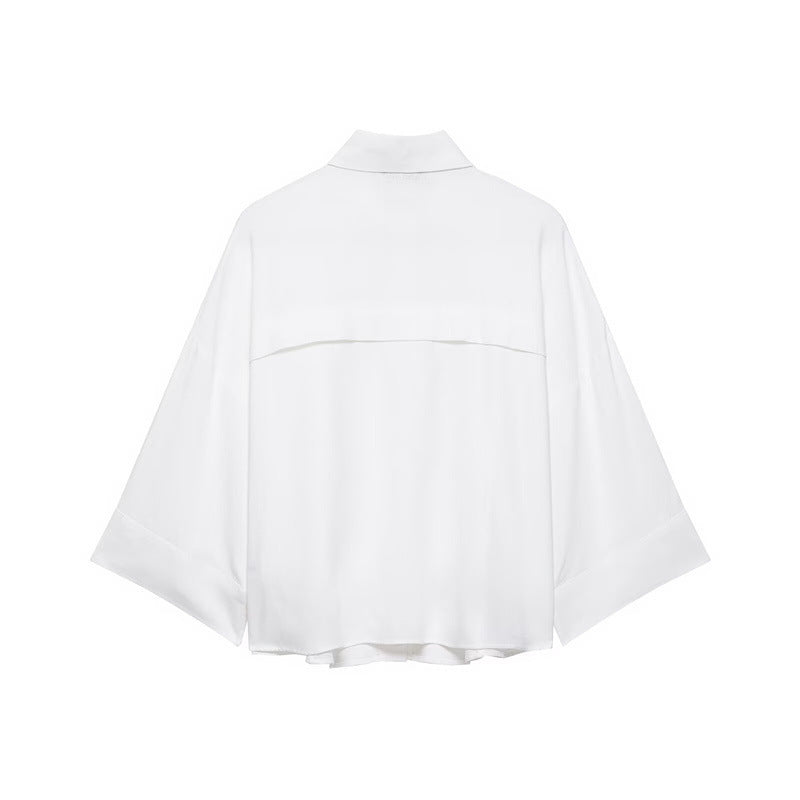 Dam Oversized Skjorta Jacka med Three-Quarter Kimono Ärmar och Utanpåfickor