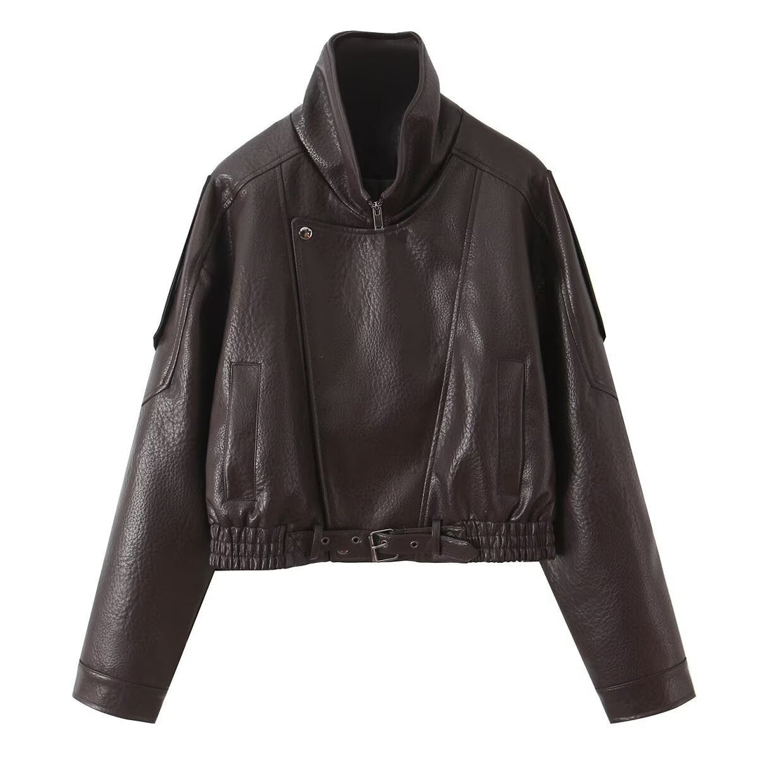 Dam Kort Bikerjacka i Vegansk Läderlook med Asymmetric Front Lock och Waist Belt